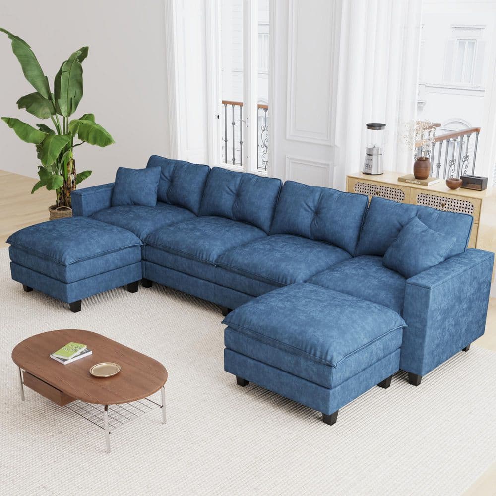 Morris 137 in. Chenille Upholstered Rectangle Sectional Sofa in. Dark Blue with Ottoman, Armrest Storage