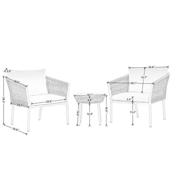 URTR 3-Piece Luxury Gray Woven Rope Metal Outdoor Bistro Set Round Table Armchair Patio Conversation Set with Beige Cushion