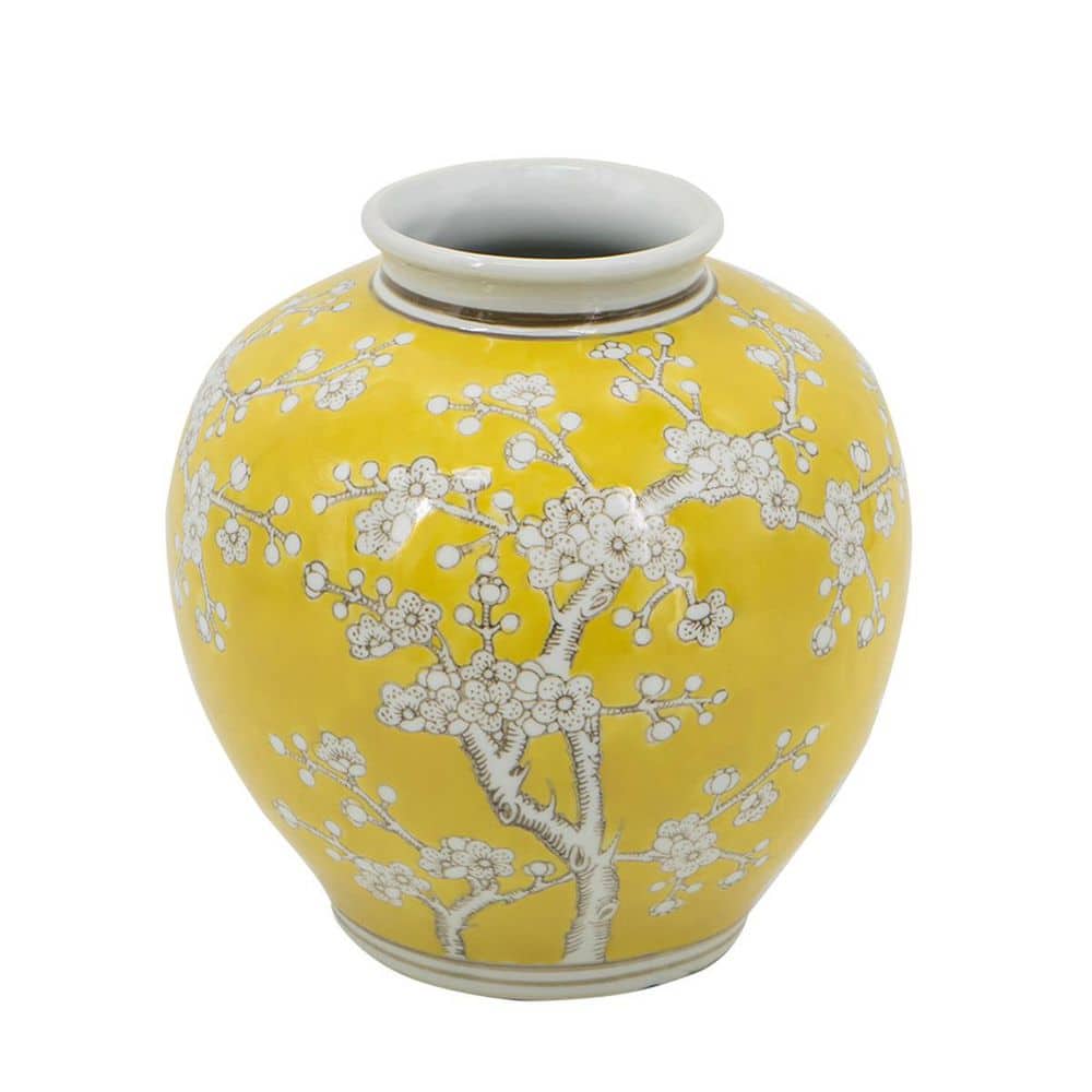 9 in. Yellow and White Wide Curved Plum Blossom Decorative Vase