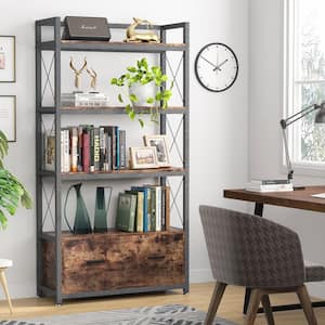Brown File Cabinet with Letter A4 Size Drawer and Open Storage Shelves Vertical Bookcase