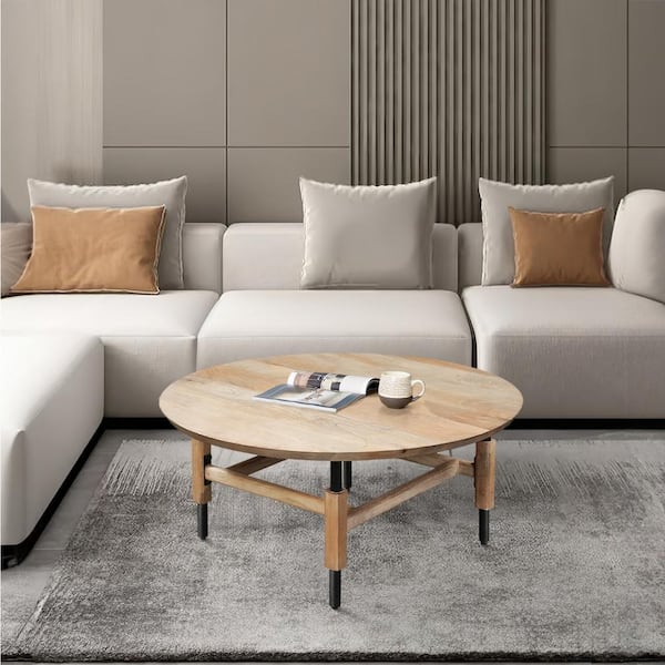 THE URBAN PORT 34 in. Brown and Black Round Wood Coffee Table with Metal Frame
