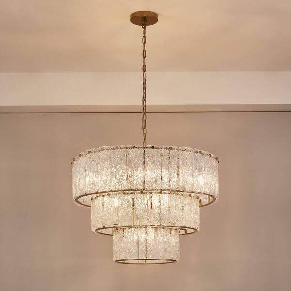 8-Light Distressed Gold 3-Tiered Chandelier Light Fixture with Glass Shade