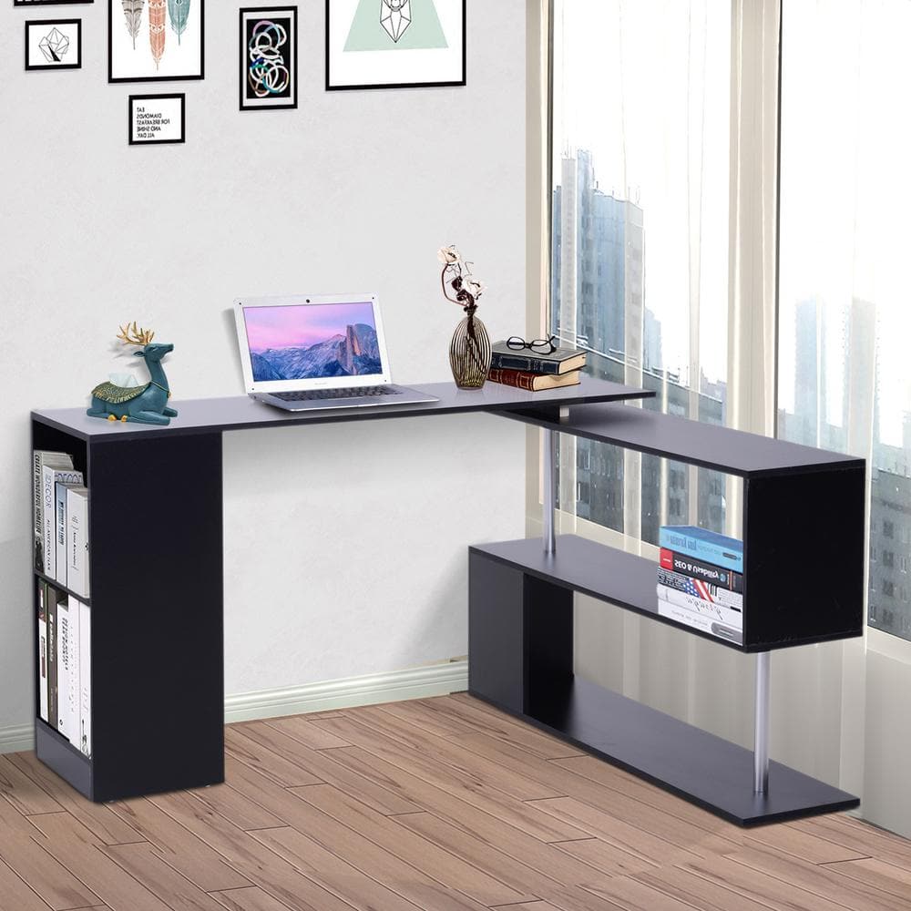 Black Engineered Wood Rotating L-Shaped Corner Writing Desk