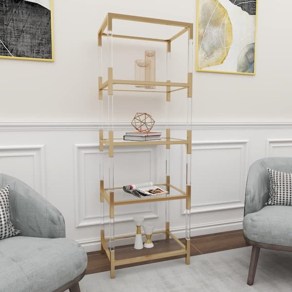 DecMode 22 x 69 Gold Acrylic 5-Tier Shelving Unit with Clear Glass Top  and Acrylic Legs, 1-Piece 