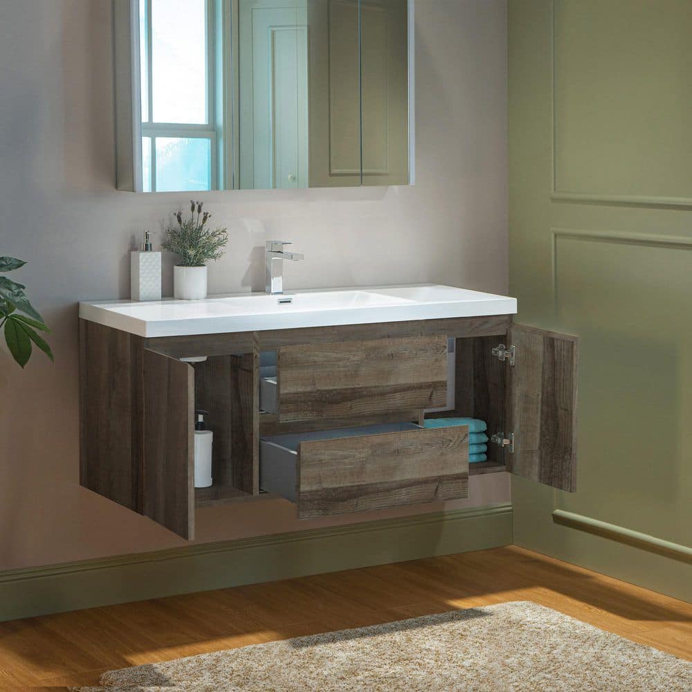 47" Gray Oak Wall-Mounted Floating Vanity with White Resin Top