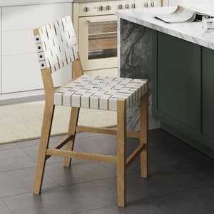 Cohen 24 in. Off White Upholstered Back Solid Wood Frame Counter Stool with Woven Faux Leather Seat