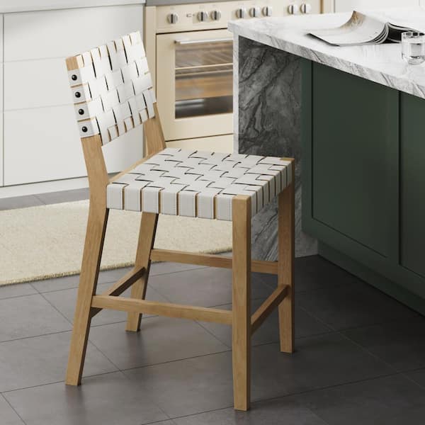 Nathan James Cohen 24 in. Off White Upholstered Back Solid Wood Frame Counter Stool with Woven Faux Leather Seat