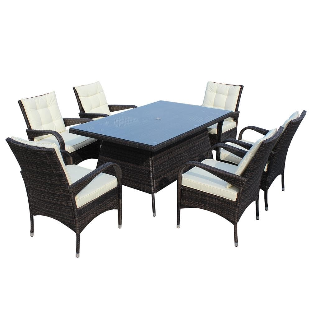 7-Piece Wicker Rectangular Outdoor Dining Set with Beige Cushion