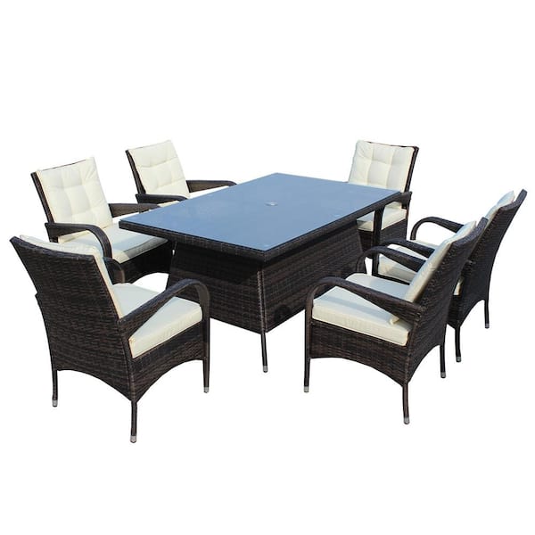 Unbranded 7-Piece Wicker Rectangular Outdoor Dining Set with Beige Cushion