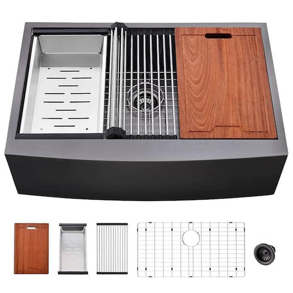 33 in. Farmhouse Single Bowl 16 Gauge Gunmetal Black Stainless Steel Kitchen Sink with Bottom Grid and Strainer