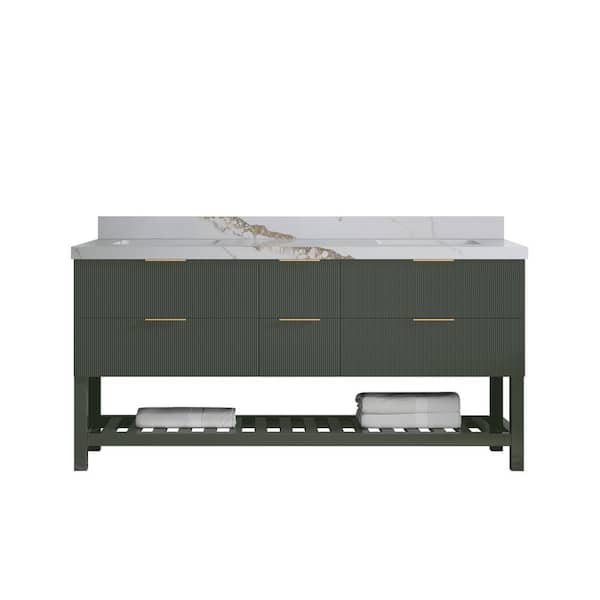 Willow Collections Catalina 72 in. Double Sink Freestanding Pewter Green Bath Vanity with Calacatta Gold Qt. Top Unassembled