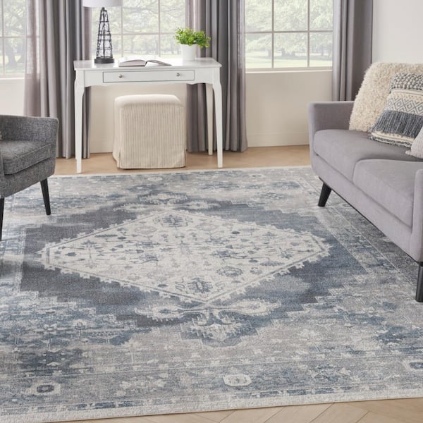 Astra Machine Washable Blue Ivory 10 ft. x 14 ft. Distressed Traditional Area Rug