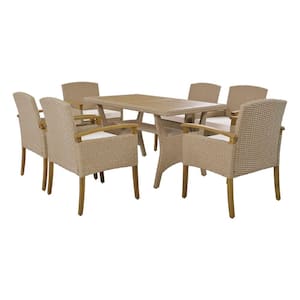 7-Piece Wicker Patio Outdoor Dining Set with 6 Dining Chairs 6 White Cushions and Rectangular Dining Table for Poolside