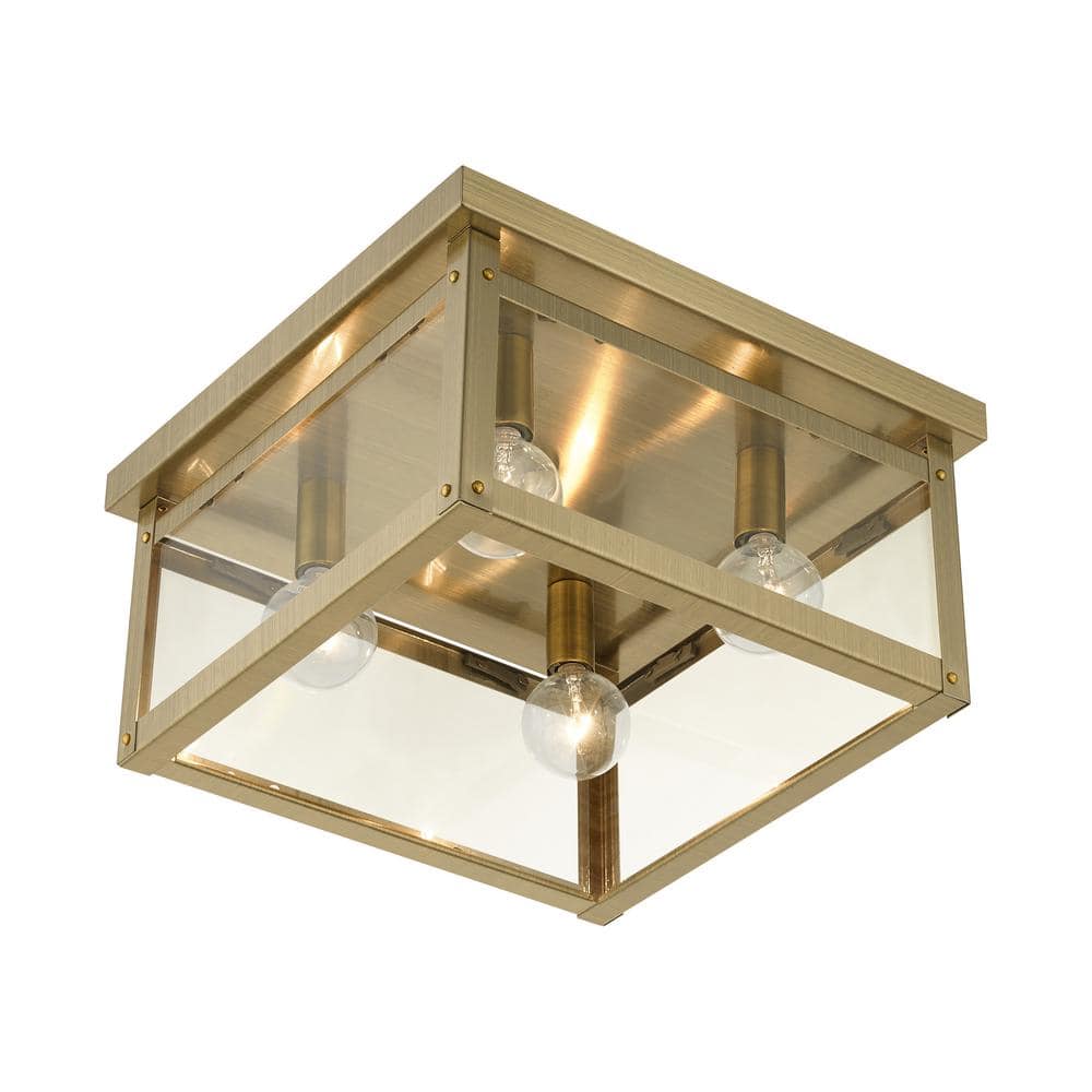 Milford Antique Brass 4-Light Clear Glass Flush Mount
