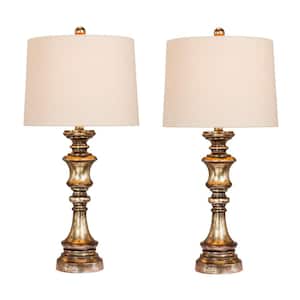 Pair of 27.75 in. Candlestick Resin Table Lamps in a Gold Leaf with Brown Wash