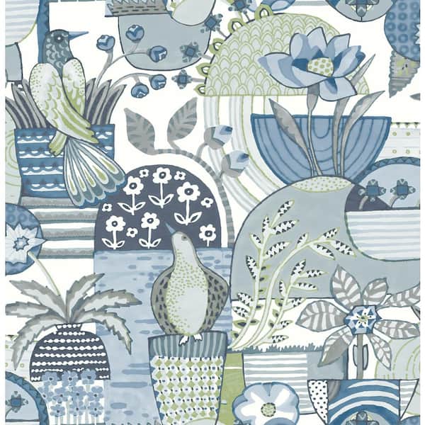 A-Street Prints Fika Blue Blissful Birds and Blooms Paper Glossy Non-Pasted Wallpaper Roll