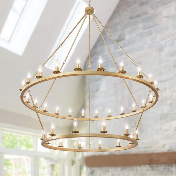 2-Tier 36-Lights Gold Dimmable Candle Style Wagon Wheel Chandelier
