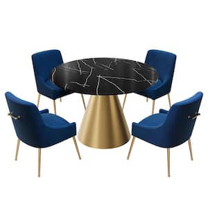 5-Piece Round Stainless Steel Black and Gold Marble Top Table Set Seats 4 (4 Navy Blue Dining Chairs)