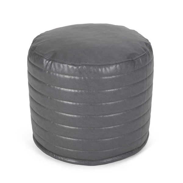 Noble House Mirics Gray Channel Stitch Faux Leather Cylinder Pouf