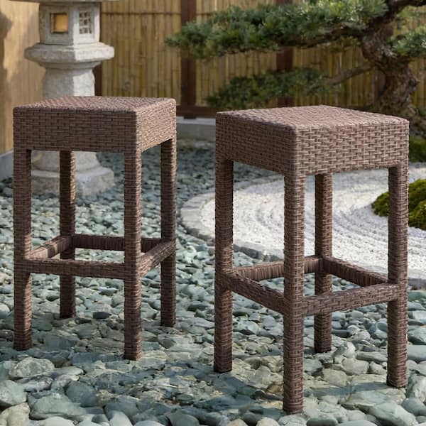 Dark Brown All-Weather Wicker Backless Outdoor Bar Stools (2-Pack)