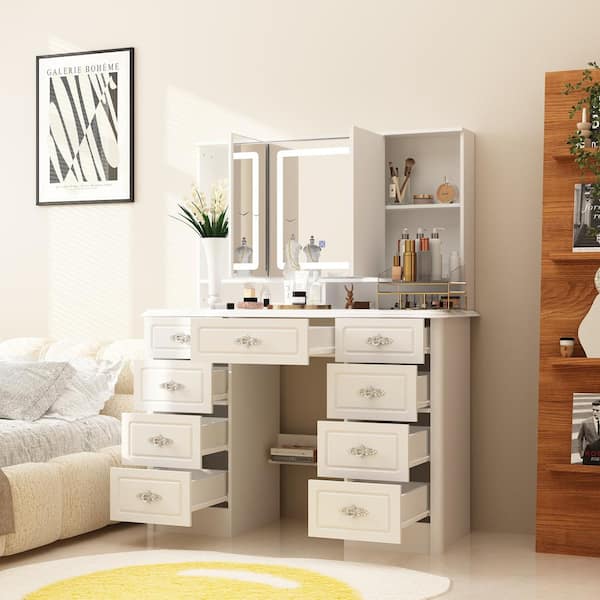 White Makeup Vanity Table Dressing Desk W/3-Mirrors,LED Lighted, 9-Drawers, Hidden Storage Shelves, Carved Metal Handles