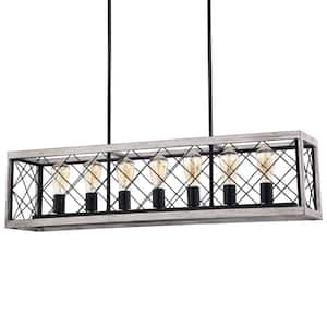Twinkle 40 in. 7-Light Indoor Matte Black and Faux Wood Grain Finish Chandelier with Light Kit