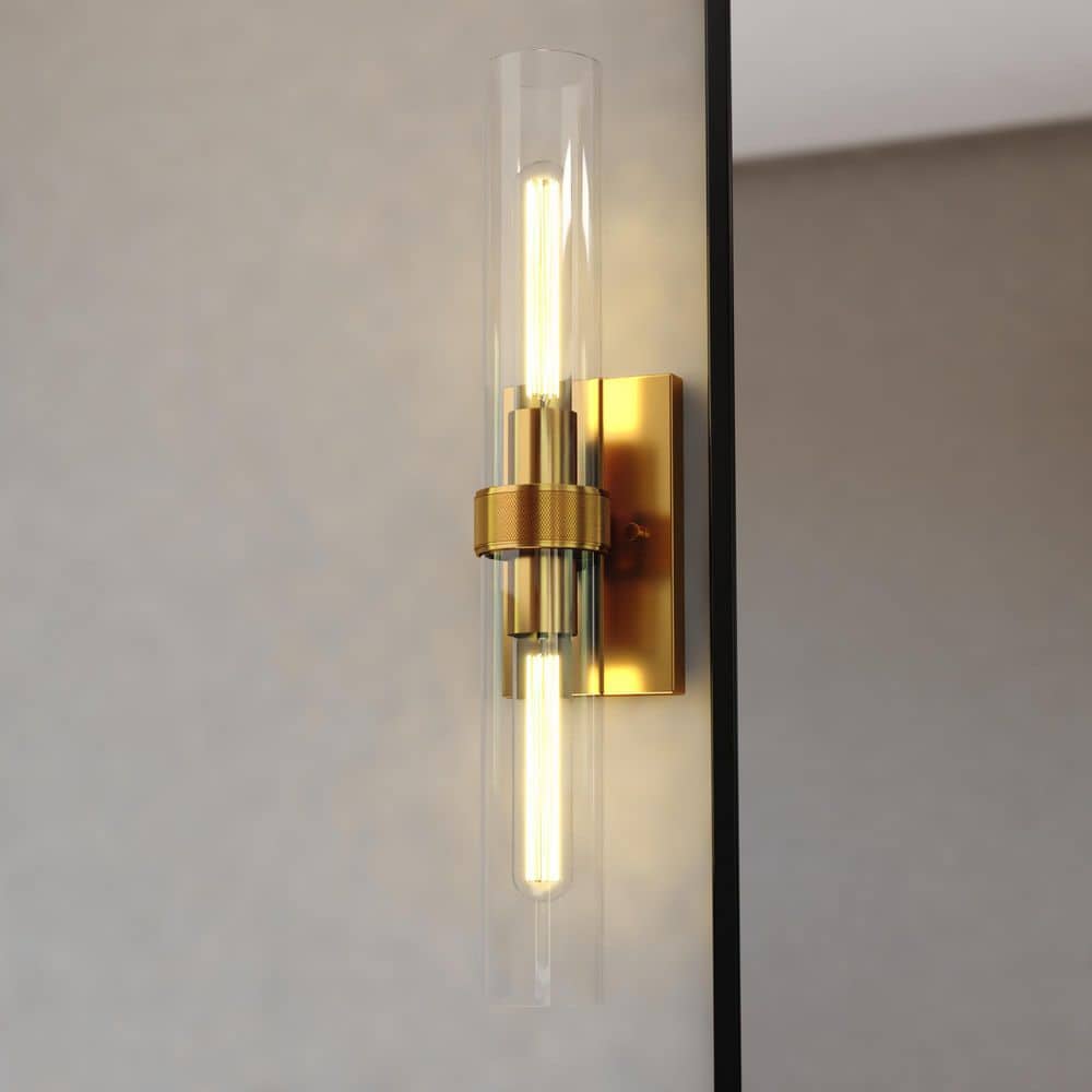 Bari 2-Light 4.5 in. Satin Brass Contemporary Wall Sconce, Clear Glass Shade, Dimmable Vanity Lighting Fixture price history on PriceWatchPro