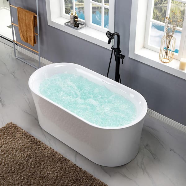 Tion 59 in. Acrylic FlatBottom Double Ended Air Bath Bathtub with Polished Chrome Overflow and Drain Included in White