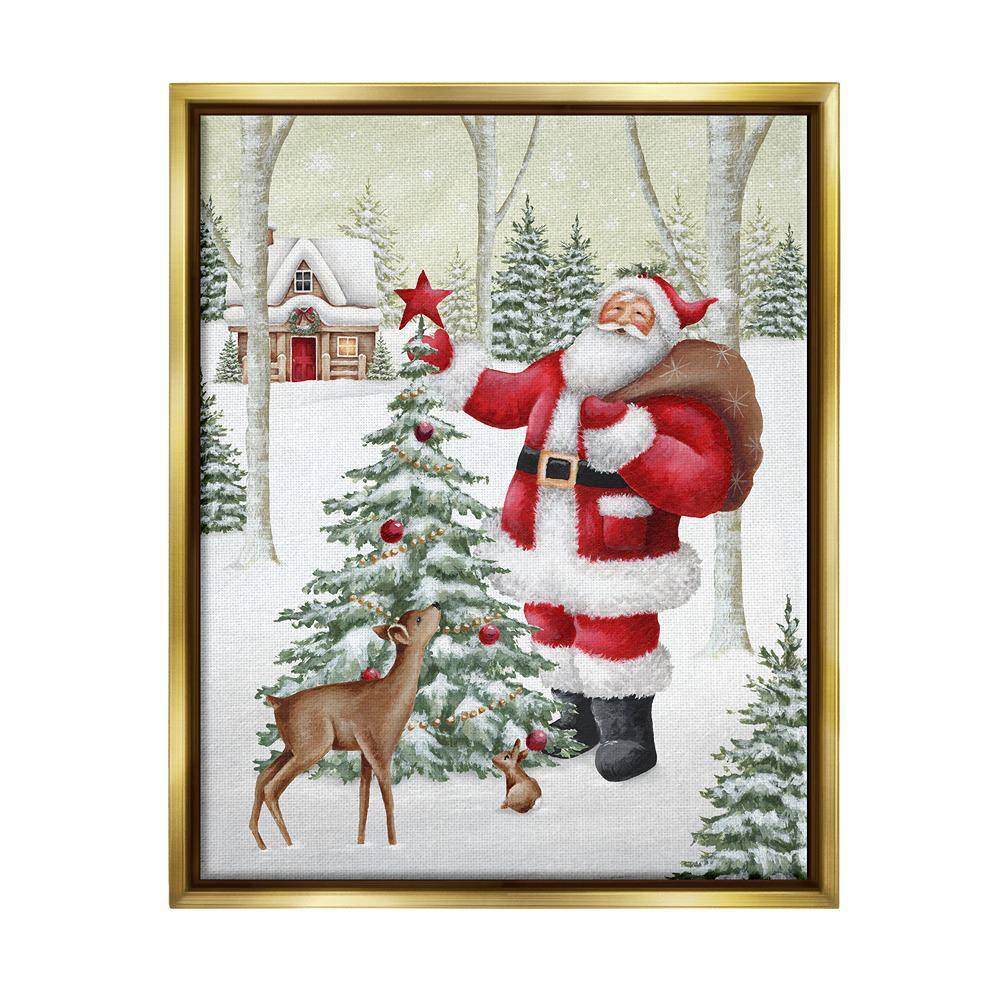 Santa and Snowy Cabin by Emma Leach 1-Piece Floater Frame Graphic Print Nature Poster Art Print 31 in. x 25 in. price history on PriceWatchPro