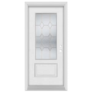 32 in. x 80 in. Geometric Left-Hand 3/4 Lite Brass Finished Fiberglass Oak Woodgrain Prehung Front Door