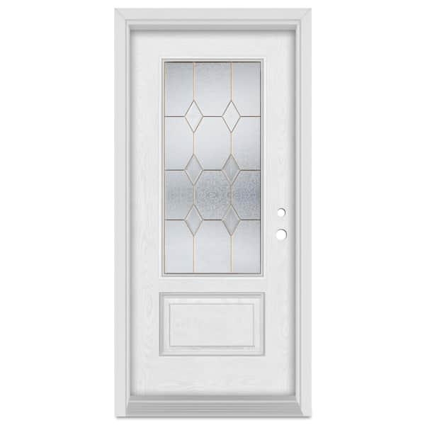Stanley Doors 32 in. x 80 in. Geometric Left-Hand 3/4 Lite Brass Finished Fiberglass Oak Woodgrain Prehung Front Door
