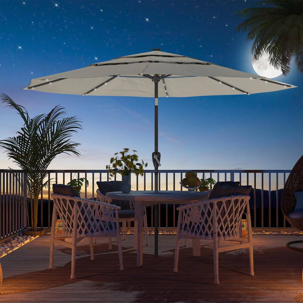 11 ft Tan Aluminum Market Patio Umbrella with LED Lights