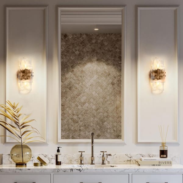 Modern 6.3 in. 2-Light Plated Brass Glacier Glass Wall Sconce Bedroom Hallway Horizontal/Vertical Flush Mount Wallchiere