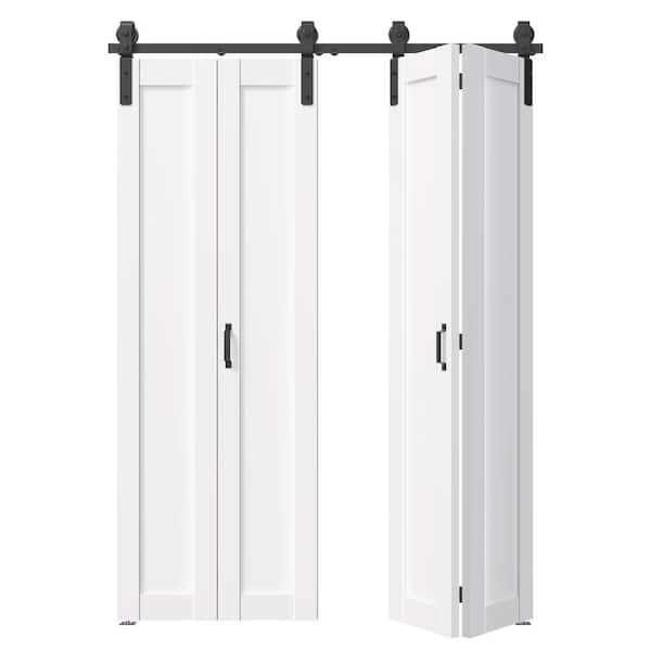 60 in. x 84 in. (30 in. W x 2) White, 1-Panel Finished, Paneled MDF, Bi-Fold Style Sliding Barn Door with Hardware Kit