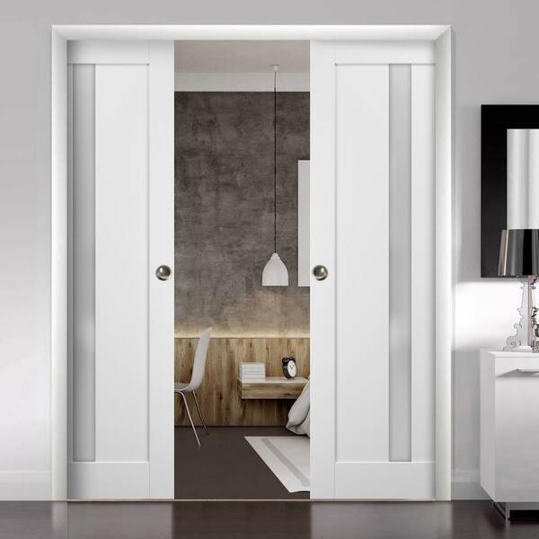 64 in. x 84 in. Single Panel White Solid MDF Sliding Door with Double Pocket Hardware