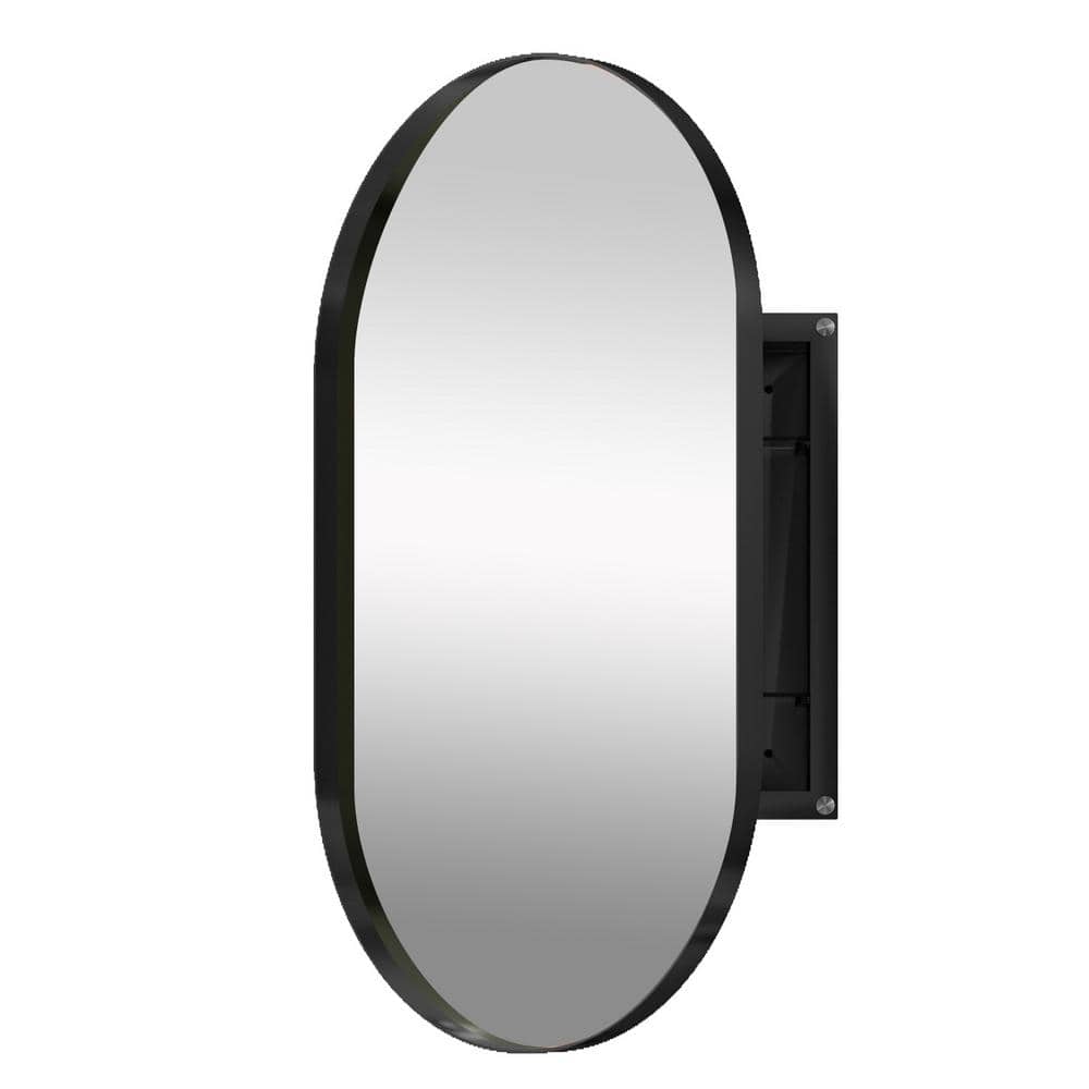 Black 20.5 in. W x 33.5 in. H Oval Metal Medicine Cabinet with Mirror Adjus