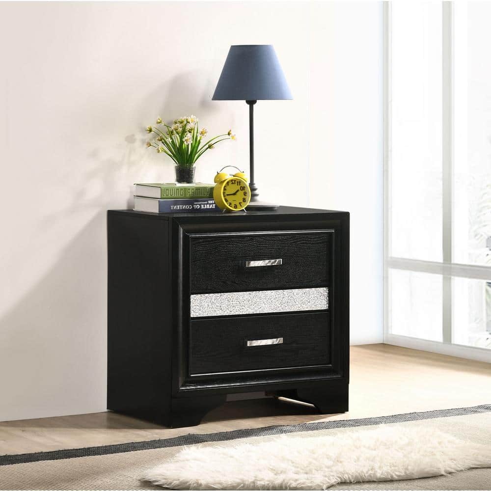 Contemporary Black 2-Drawer Nightstand with Rhinestone Handles