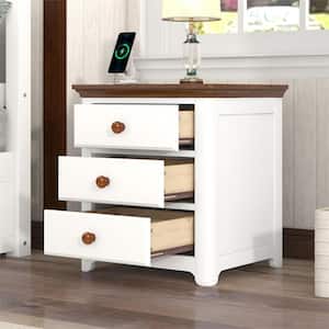 White 3-Drawer Solid Wood Nightstand with USB Charging Ports 20.1 in. W x 17 in. D x 22 in. H