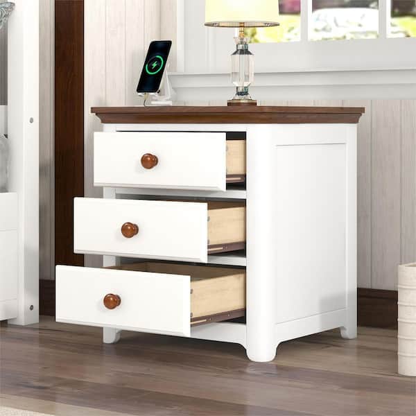 Harper & Bright Designs White 3-Drawer Solid Wood Nightstand with USB Charging Ports 20.1 in. W x 17 in. D x 22 in. H