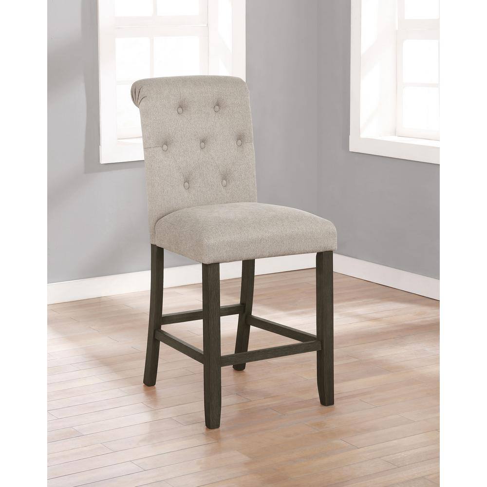 Beige Linen-Like Tufted Back Counter Stools with Rustic Brown Frame (Set of 2)