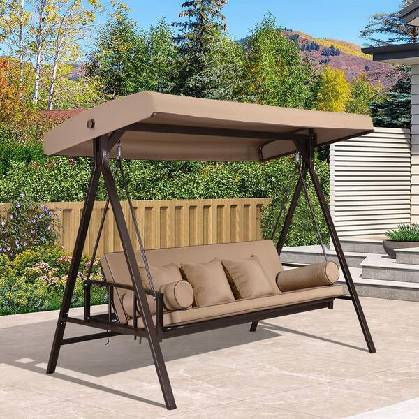 3 Seat Daybed Outdoor Porch Patio Swing Adjustable Backrest Beige
