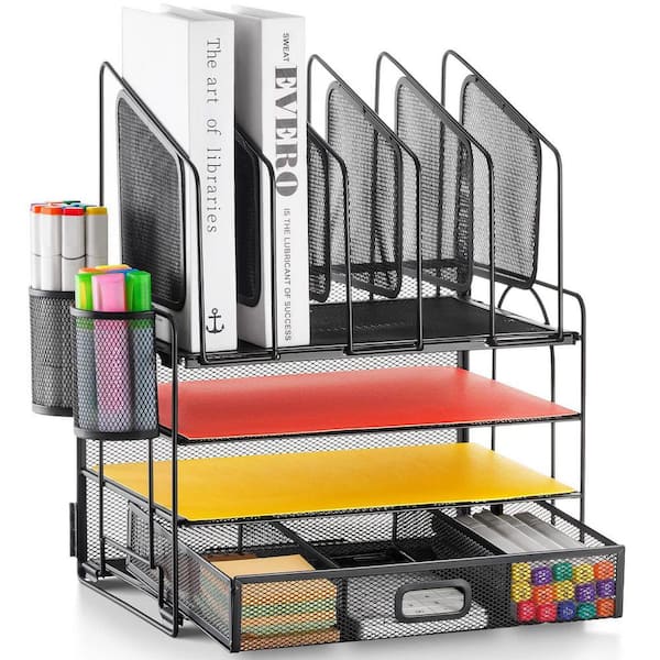 Black 14.17 in. x 11.22 in. Metal Mesh Desk Organizer with Drawer, 4-Tier File Holder and Pen Holders for Home Office