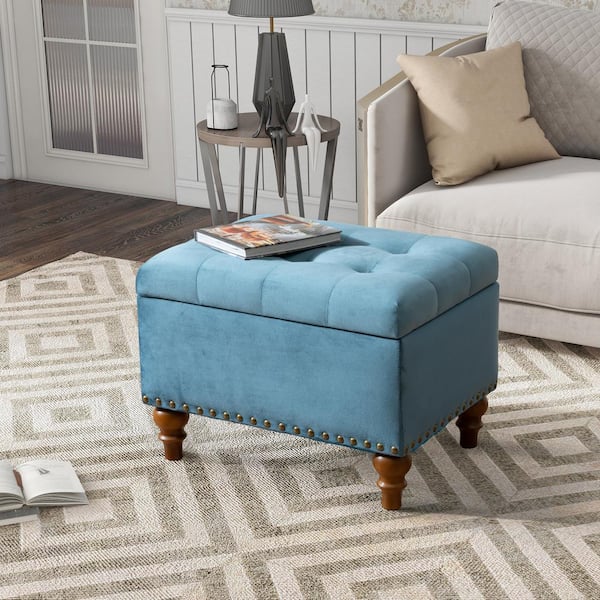 Noble House Gloria Light Blue Upholstered Velvet Modern Storage Ottoman with Nailhead Trim