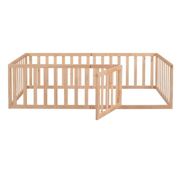 Natural Wood Frame Twin Size Platform Bed with Fence and Door