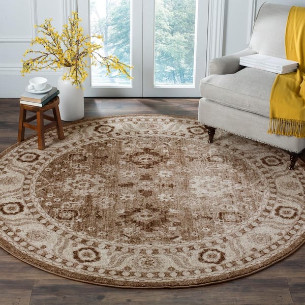 Vintage Hamadan Taupe 9 ft. x 9 ft. Vintage Floral Round Area Rug