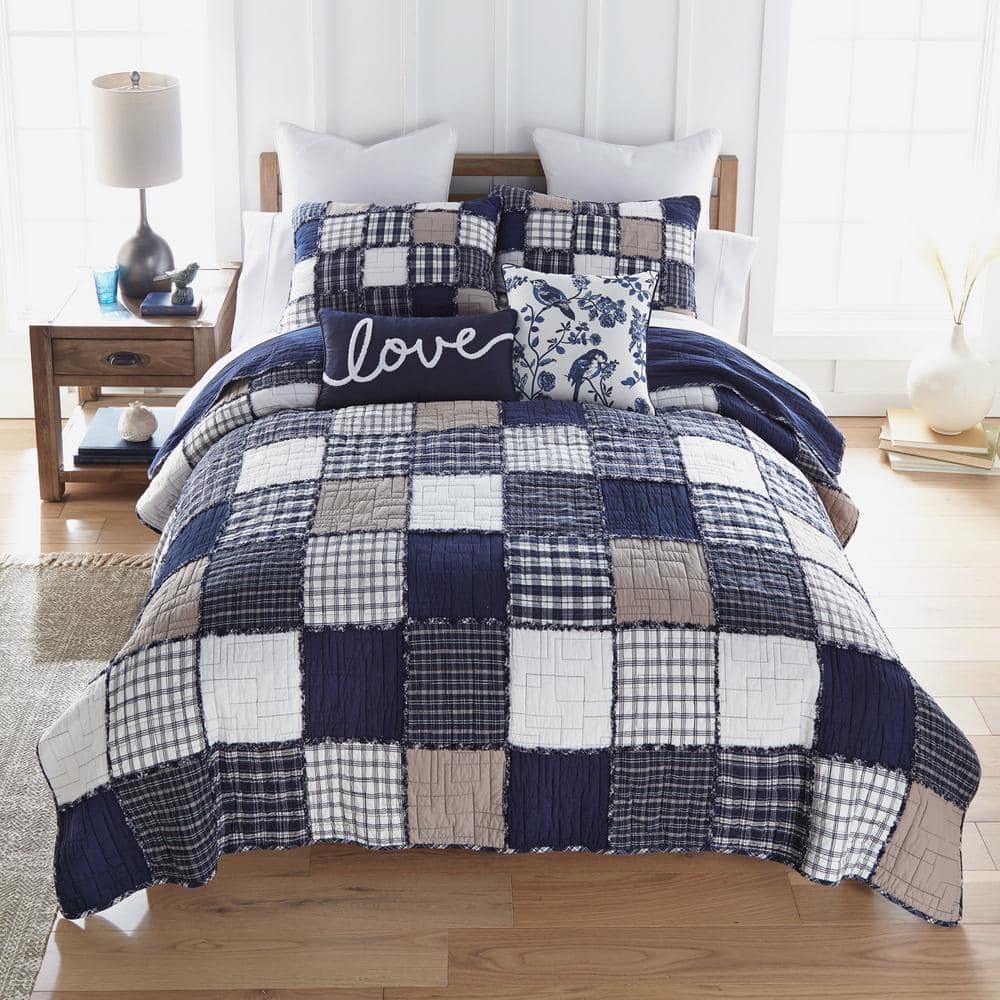 Checkerboard Indigo Cotton King Quilt Set with Shams