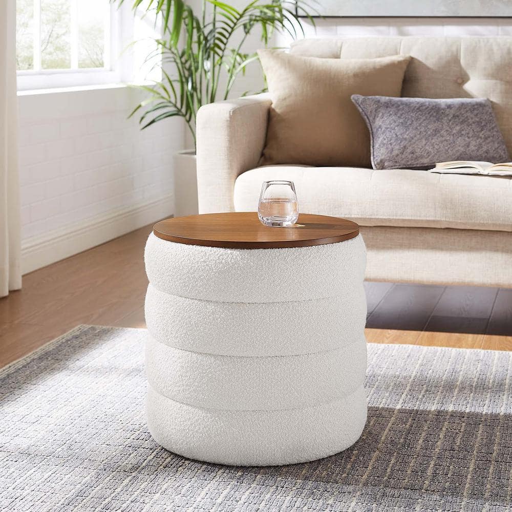 Cloud Boucle Fabric Round Storage Ottoman with Wood Grain Veneer Lid