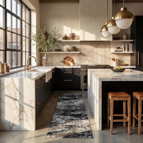 Adirondack Silver/Black 3 ft. x 8 ft. Solid Distressed Runner Rug