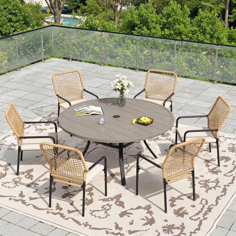 7-Piece Metal Patio Dining Set with 47.2 in. Gray Wood-Like Round Table and 6-Woven Rattan Chairs with Beige Cushions price history on PriceWatchPro