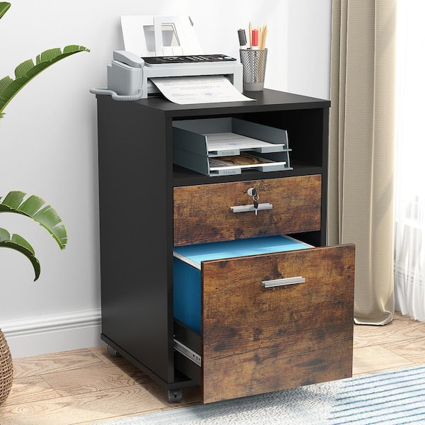BYBLIGHT Atencio 2-Drawer Brown Engineered Wood 15.7 in. W Vertical File Cabinet with Rolling Wheels and Drawer Lock for Office